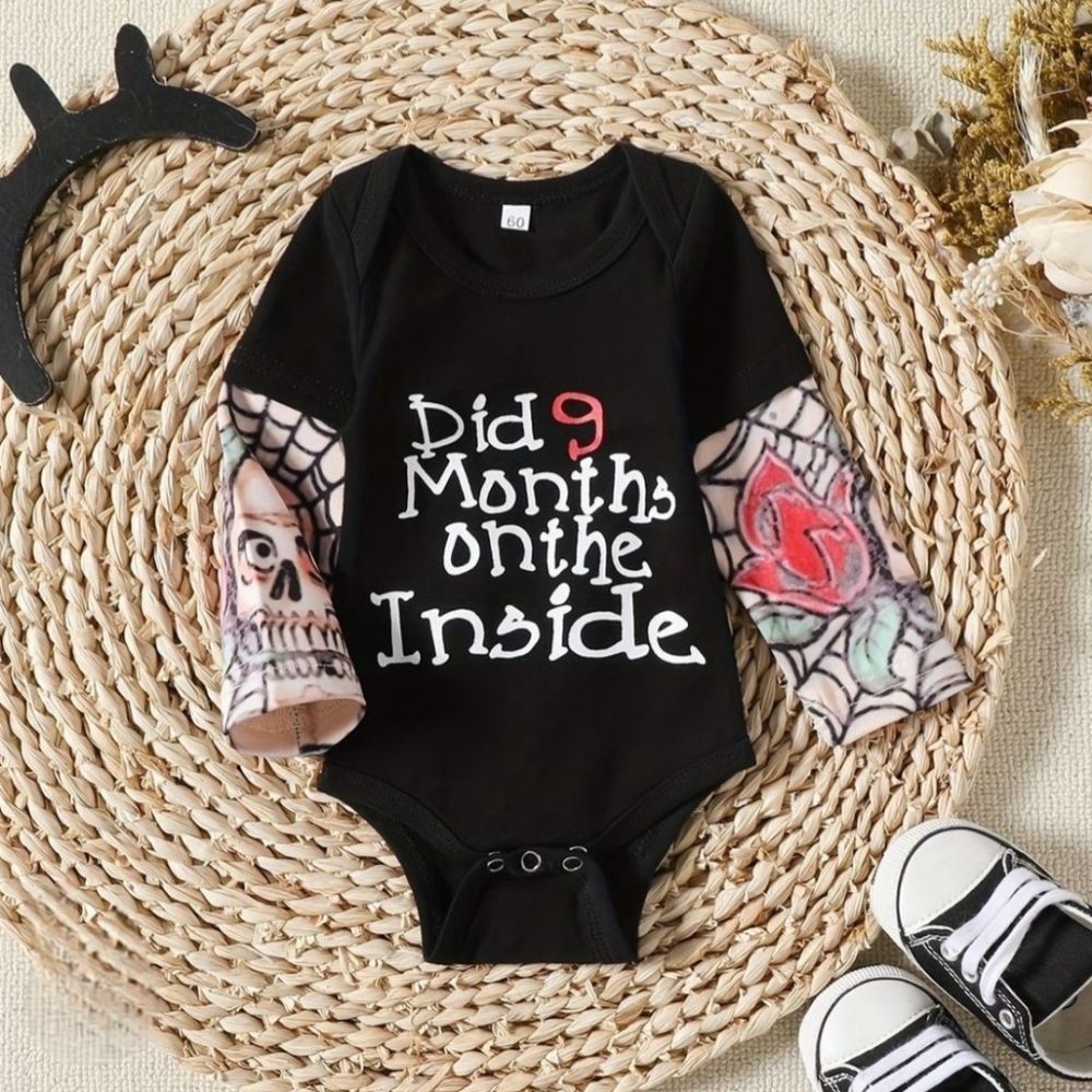 Funny Newborn Unisex Tattoo Sleeve Bodysuit "Did 9 Months on the Inside" Onesie